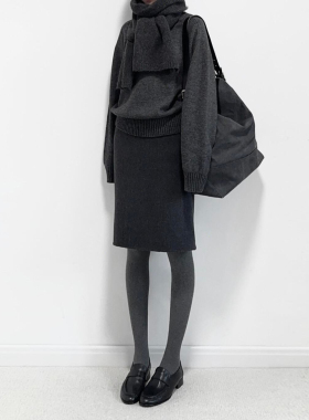 深灰色毛呢半身裙女日式高腰包臀裙复古加厚呢子中裙小个子一步裙