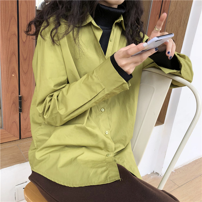 复古chic芥末绿衬衫女原宿港味宽松休闲初秋抹茶绿衬衣开衫外套潮