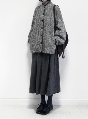 日杂风深灰色毛呢半身裙复古文艺冬季梨形身材中长款过膝大摆伞裙