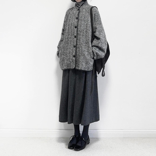 日杂风深灰色毛呢半身裙复古文艺冬季梨形身材中长款过膝大摆伞裙
