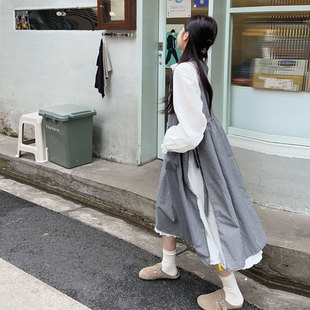 复古文艺黑色格子背心裙日系小个子叠穿连衣裙中长款两件套裙子春