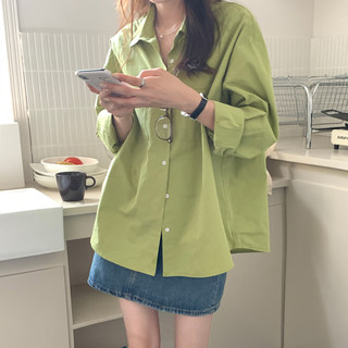 芥末绿衬衫ins少女洋气显白抹茶绿上衣设计感小个子奶绿色衬衣潮