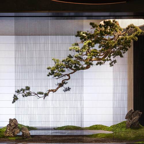 迎客松仿真树倒挂松树造景罗汉松室内酒店茶室中式悬崖式绿植景观