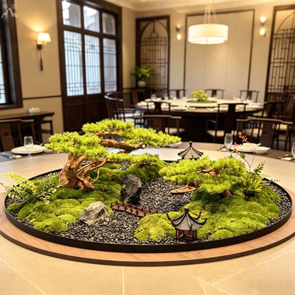 高端永生苔藓餐桌转盘中间摆件微景观盆景酒楼包间大圆盘绿植花艺