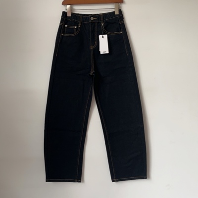 活性染Jn女士牛仔裤深蓝色植绒薄绒冬季香蕉梨弯刀松紧腰直筒长裤