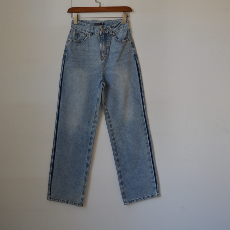 S码瑕疵特价 清仓处理品 女士高腰 直筒 小码蓝色 无弹力窄版长裤