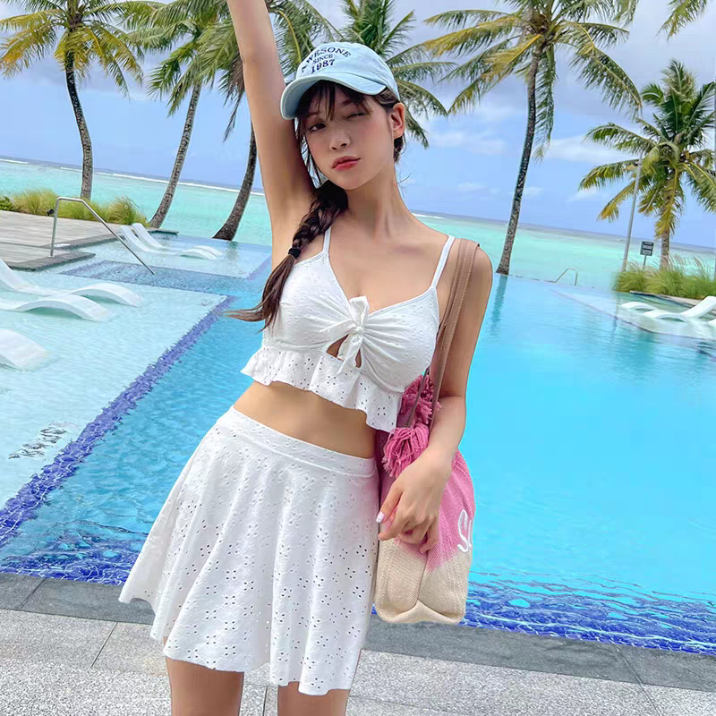 特价白色镂空三件套三角女韩泳衣比基尼蕾丝显瘦分体裙式性感沙滩