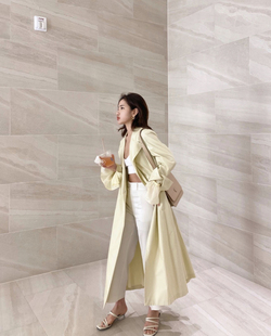 韩国设计师品牌 EENK 一粒扣高腰系带翻领长袖风衣 两色现货特价