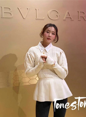 现货清仓 韩国设计师品牌MOONTAN泡泡袖编织羊毛套头圆领收腰毛衣