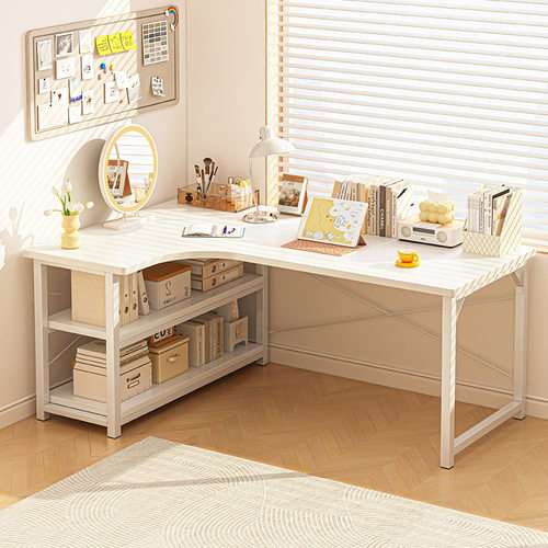 电脑桌家用学生卧室转角学习写字台奶油风型拐角书架一体式书桌54