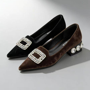 欧美水钻拼方口尖头粗跟低跟镶钻跟套脚单鞋四季百搭女鞋法式鞋子