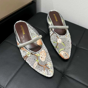 手工刺绣花卉一字绑带浅口水钻网纱透气坡跟低跟包头半拖鞋女鞋夏