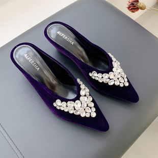 纯手工鱼线缝制水钻拼花尖头包头半拖鞋坡跟中高跟轻奢休闲女鞋子