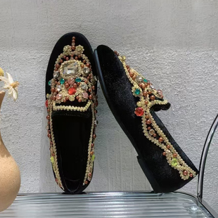 女鞋 单鞋 饰圆头重工轻奢平底低跟乐福鞋 纯手工鱼线缝制彩钻蕾丝装