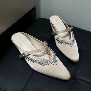 纯手工缝制水钻拼花时尚尖头包头浅口半拖鞋一字扣带坡跟低跟女鞋