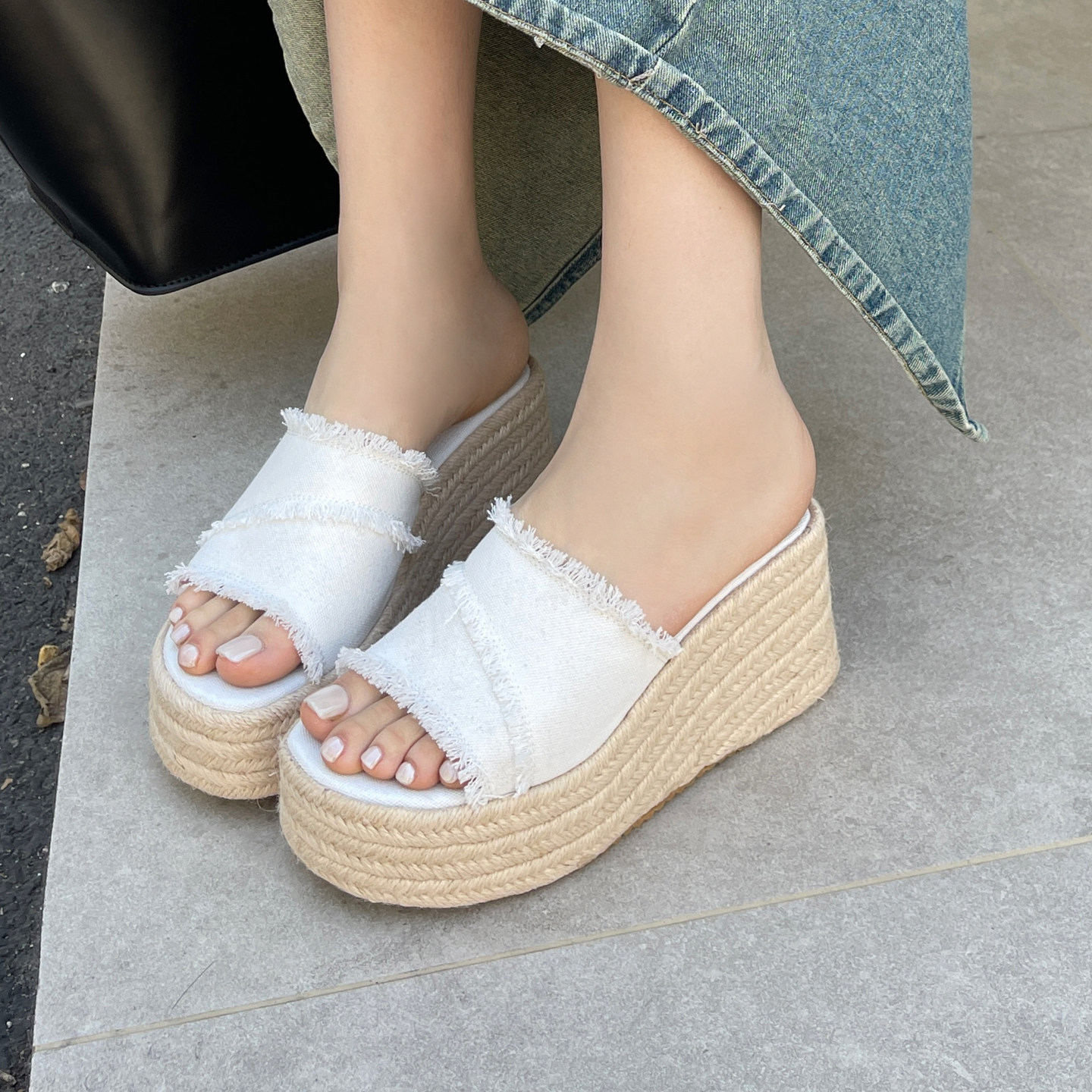 一字凉拖鞋牛仔布流苏松糕厚底麻绳围边高跟沙滩鞋露脚趾度假女鞋,女鞋,毛毛鞋,淘宝优惠券,粉丝福利购,淘宝优惠卷
