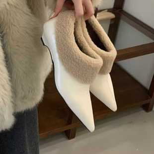 套脚裸靴女鞋 欧美时尚 尖头加绒保暖低跟中跟反毛皮瘦脚深口毛毛鞋