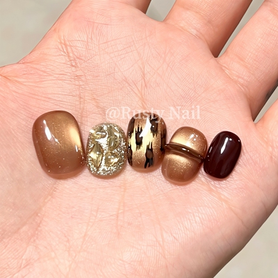 秋冬轻奢高级感豹纹猫眼手工美甲