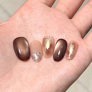 秋冬玳瑁琥珀晕染猫眼手工穿戴甲高级感显白美甲贴片 薄雾黑巧