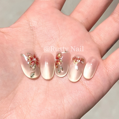 贵气新中式国风簪花珐琅手工美甲