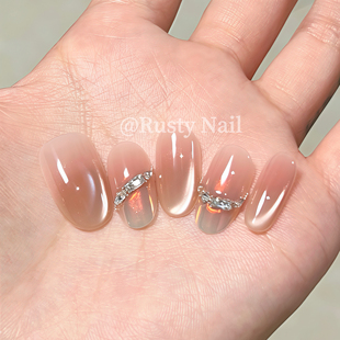 【暖玉生烟】轻奢高级感猫眼纯手工穿戴甲爆闪极光粉海莉美甲贴片