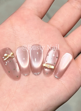 【金粉少女】纯欲千金波点猫眼蝴蝶结纯手工穿戴甲高级感美甲贴片