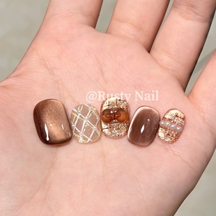 高级感美甲贴片 千金美拉德猫眼蝴蝶结手工穿戴甲短款 棕色小香