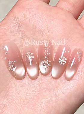 【雪花梦境】秋冬氛围感雪花猫眼纯手工穿戴甲高级感裸色美甲贴片
