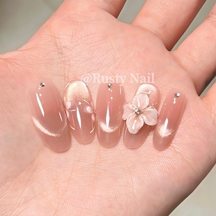 裸色雕花法式 国风新中式 猫眼手工穿戴甲轻奢高级感美甲 花间令