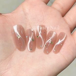 千金爆闪猫眼手工穿戴甲轻奢高级感裸粉色显白美甲贴片 流星雨