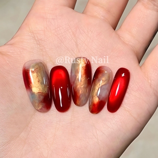 新复古国风红色晕染猫眼纯手工穿戴甲高级感美甲贴片 敦煌少女