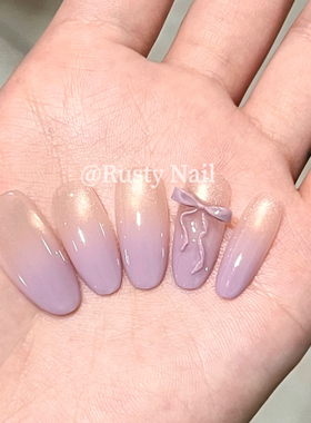 【现货】纯欲少女紫色蝴蝶结纯手工穿戴甲显白玻璃珠猫眼美甲贴片