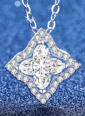 S925纯银莫桑钻石方糖项链1克拉 简约四叶草吊坠轻奢时尚锁骨链