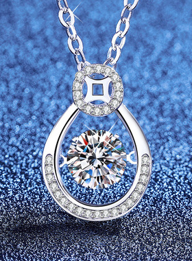 s925纯银莫桑石灵动项链女国潮金币跳动的心银吊坠莫桑钻锁骨链女