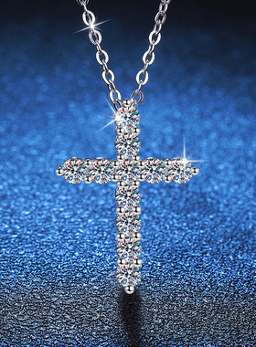日韩S925纯银吊坠满钻莫桑石简约时尚十字架项链莫桑钻石项链