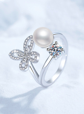 S925纯银莫桑钻石戒指女天然淡水珍珠蝴蝶高级感轻奢可调节戒指