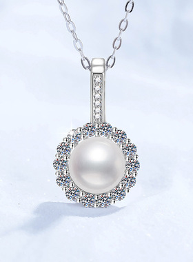 s925纯银项链莫桑石项链天然淡水珍珠太阳花百搭莫桑钻吊坠