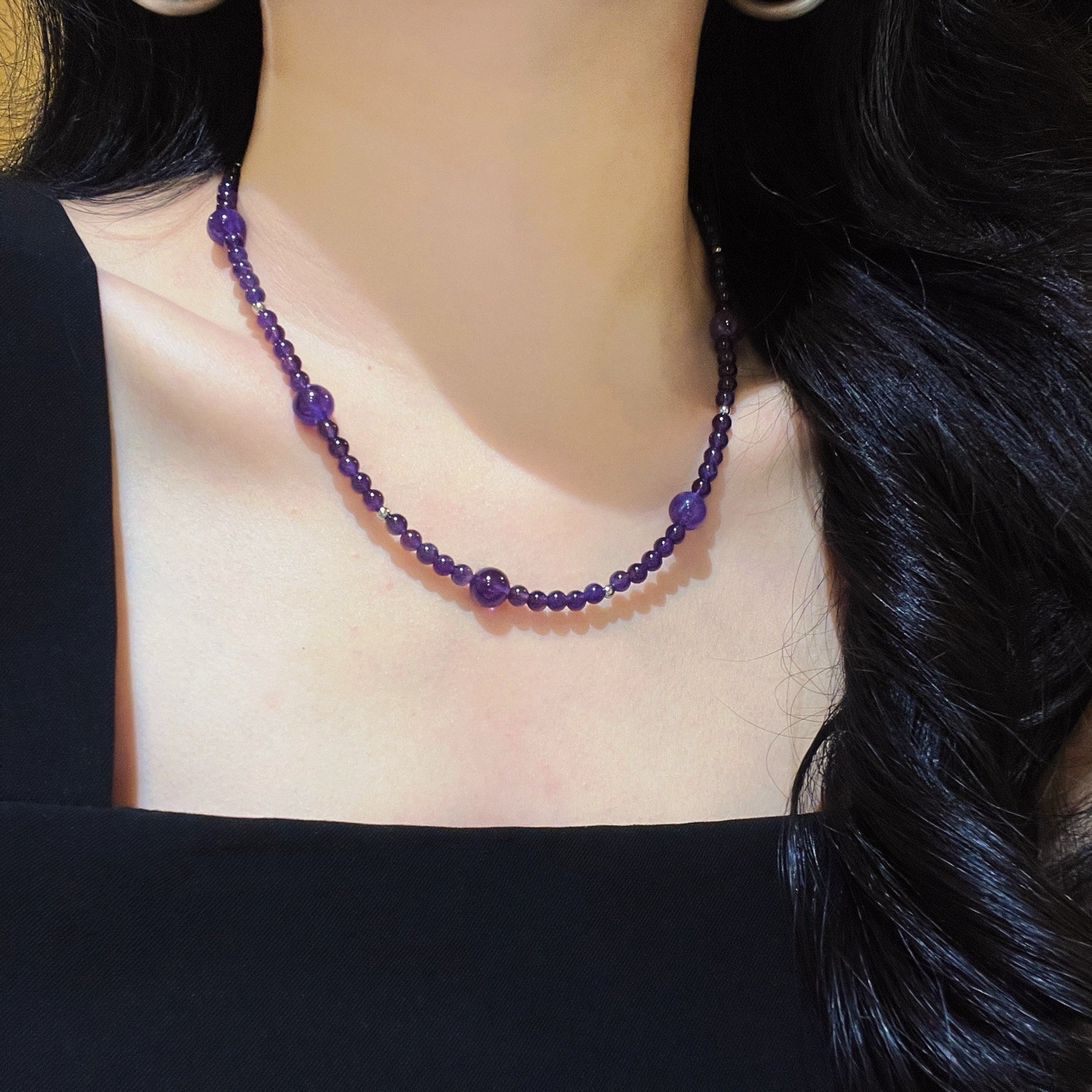 复古高品质天然皇家紫紫水晶满天星锁骨链项链女