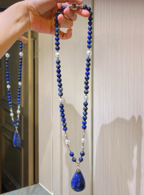 复古中古天然青金石毛衣链项链吊坠