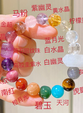 天然白水晶紫水晶月光石粉晶天河石黄水晶黑金超白幽灵多宝手链