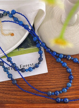 天然青金石配上宝石蓝人造水晶满天星长款项链简约时尚复古毛衣链