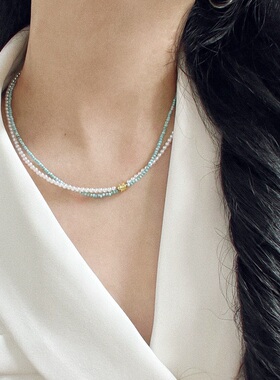 秋冬法式ins清冷色系氛围感天然绿松石人造水晶珍珠项链锁骨链