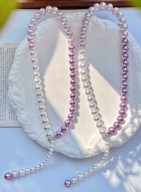 国风复古正圆强光紫色渐变人造水晶珍珠可调节项链锁骨链