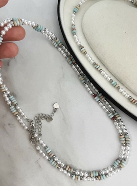 秋冬法式ins小众蓝色飞碟珠人造水晶珍珠项链锁骨链