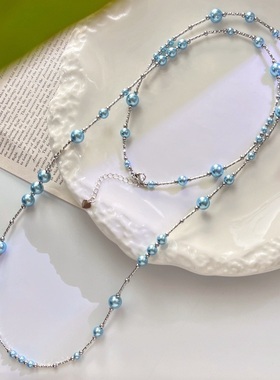 国风复古蓝色妖姬人造水晶珍珠毛衣链项链锁骨链