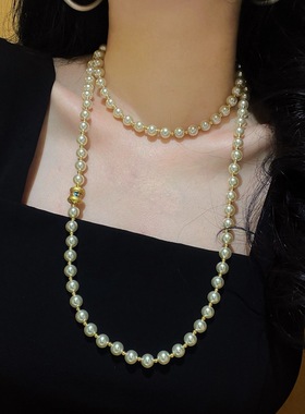 秋冬高光香槟玫瑰色长款施家珍珠毛衣链项链锁骨链女