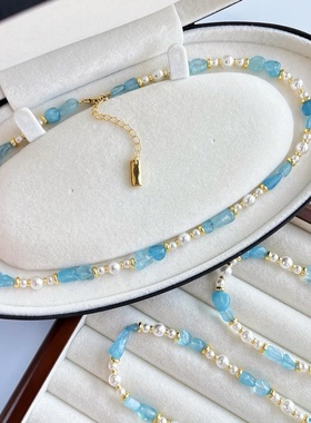 秋冬法式ins正圆高光人造水晶珍珠海蓝宝石项链锁骨链