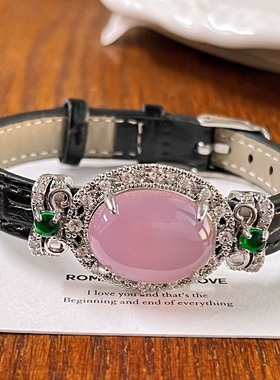 国风复古粉紫色玻璃体天然玉髓玛瑙手镯手链