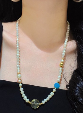 5-6mm复古天然淡水珍珠黄水晶毛衣链多种戴法项链