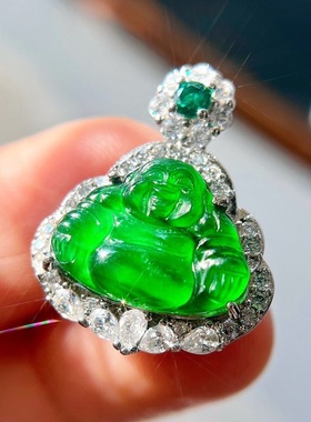 国风复古天然高冰起光天然帝王绿翡翠佛公吊坠 支持复检